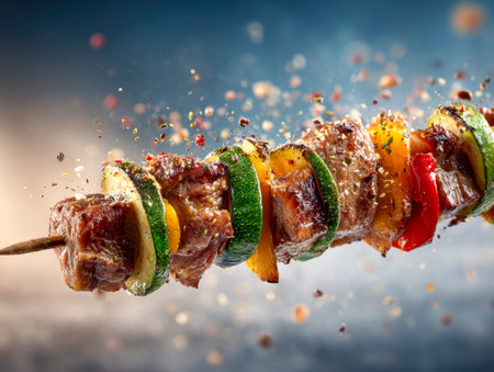 Juicy grilled skewers loaded with succulent meats, fresh vegetables, and an array of vivid herbs and spices, artfully displayed against a gentle, out-of-focus backdrの写真素材