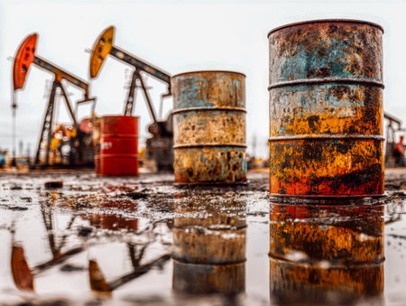 Weathered metal containers cast shimmering reflections on a damp ground, while towering pumpjacks drill beneath a brooding, overcast sky in an industrial landscape.の写真素材