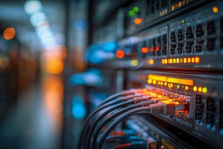 Brightly lit network hardware with vibrant ports and neatly arranged cables, highlighting cutting-edge digital infrastructure within a sleek, modern data center.の写真素材
