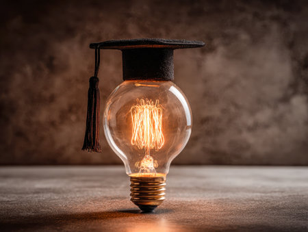 A glowing vintage filament bulb topped with a tiny mortarboard, reflecting innovation and learning against a rugged surface and deep shadows.の写真素材