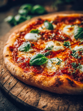 A deliciously charred crust topped with vibrant basil, gooey melted cheese, and a savory tomato base, presented on a rustic wooden board in a warm, inviting atmospheの写真素材