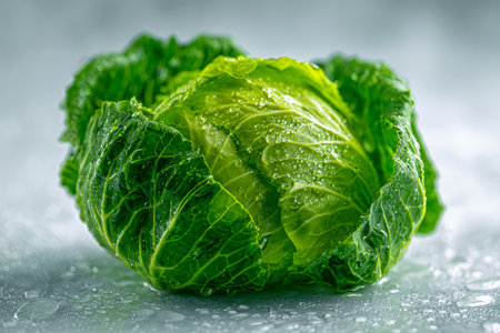 A lush, crisp green vegetable with delicate droplets highlighting its juicy surface, resting on a shiny, cool platform that emphasizes freshness and vitality.の写真素材