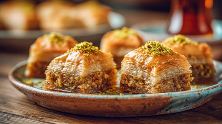 Delight in these golden pastry squares generously filled with nuts and crowned with vibrant pistachio crumbs, presented on a textured ceramic plate atop a warm woodeの写真素材