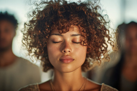 A serene young woman with voluminous curls rests in quiet reflection amid sunlit nature, while two indistinct companions stand softly in the background.の写真素材