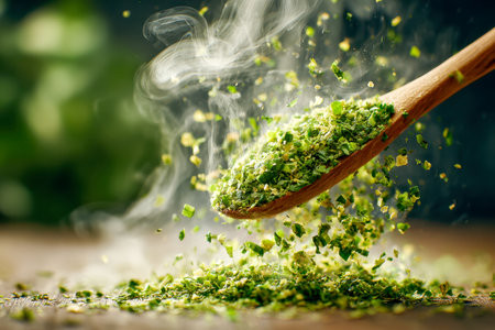 A rustic wooden utensil scoops a colorful blend of fragrant herbs and spices, releasing warm steam against a softly blurred natural backdrop, evoking fresh culinaryの写真素材