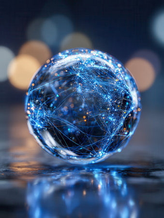 A clear glass orb displaying a luminous web of alternating blue and orange connections, reflecting a cutting-edge digital communication network.の写真素材