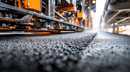 A bustling city street under construction features heavy machinery laying smooth, crimson-orange asphalt against a textured, gray urban backdrop, capturing progressの写真素材