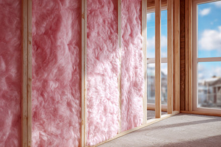A sunlit construction site reveals exposed timber framing and vibrant pink insulation, creating a warm, promising atmosphere for future living space.の写真素材