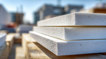 A neat arrangement of white foam boards stacked outside a construction zone, with city skyscrapers softly blurred in the backdrop on a clear day.の写真素材
