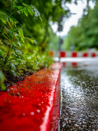 Vibrant crimson curb glistens with rain, framed by thriving greenery, as slick asphalt reflects cloudy skies and distant traffic barriers fade into the mist.の写真素材