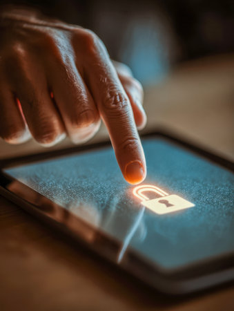 A single finger presses an on-screen lock icon on a tablet, emphasizing digital security and protection in a sleek, dimly lit tech setting during nighttime.の写真素材