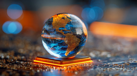 A luminous digital sphere showcasing continents, positioned atop a radiant microchip, capturing the essence of worldwide innovation and seamless digital links in asの写真素材