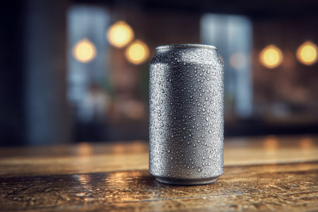 A cool, silver beverage container beads with tiny droplets, placed on aged wood, with softly glowing lights in the background evoking warmth and relaxation.の写真素材