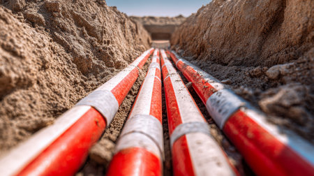 Brightly striped pipes are arranged in a deep trench as part of underground infrastructure setup, set beneath a crystal-clear sky on a busy construction site.の写真素材
