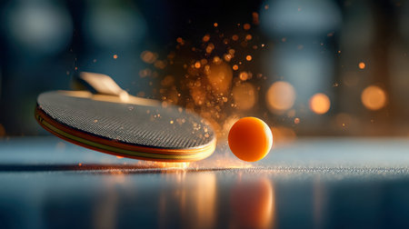 A high-energy moment captures a paddle striking an orange sphere, with vibrant sparks and streaks emphasizing speed and intensity against a dark backdrop.の写真素材