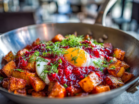 A hearty breakfast display featuring crunchy potatoes, fragrant herbs, lively tomato relish, and a tender sunny-side-up egg, all presented in a vintage metal skilletの写真素材