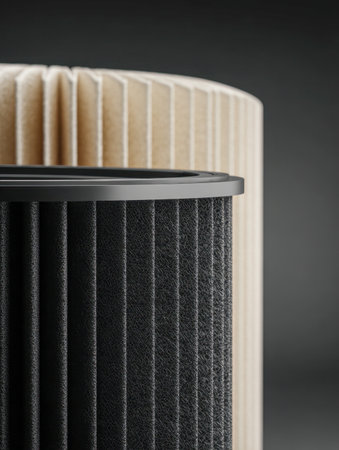 Two sleek cylindrical filters, one in black and the other in beige with pleated surfaces, stand against a dark backdrop, highlighting their role in purifying indoorの写真素材