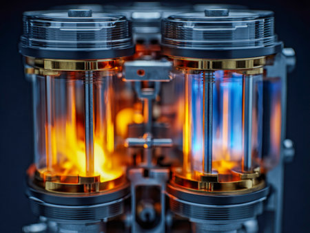 A close-up of an intricate mechanical apparatus with radiant flames enclosed in clear chambers, highlighting superior engineering and cutting-edge technological desiの写真素材