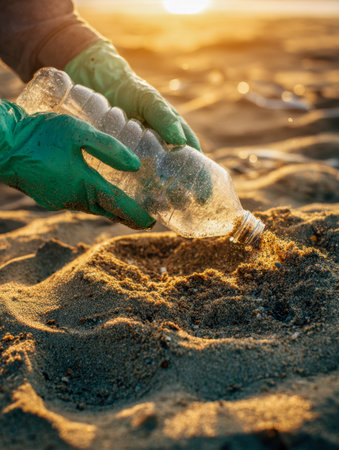 A dedicated individual in vibrant green gloves gently retrieves a plastic bottle from the grains of a sunset-lit shoreline, embodying hope for cleaner oceans.の写真素材