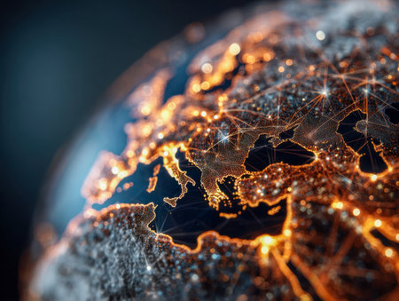 A luminous digital representation of Europe and nearby areas reveals intricate connections and radiant data nodes, illustrating the essence of worldwide digital commの写真素材