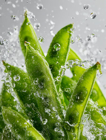 Bright green pea pods bursting with vitality, scattered in a dynamic splash of water droplets, emphasizing crispness and the essence of fresh, wholesome eating.の写真素材
