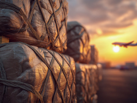Early evening light bathes a stacked array of secured freight on the runway, with a passenger jet soaring into the sky behind, capturing a moment of global commerce.の写真素材