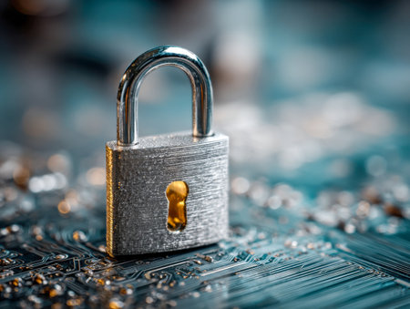 A sleek metal lock rests atop a complex, illuminated circuit pattern, evoking themes of digital security, safeguarding information amidst a luminous blue and amber gの写真素材