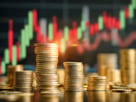 A vivid arrangement of shimmering coins captures the essence of economic prosperity, set against a softly blurred backdrop of market trends symbolizing strategic groの写真素材