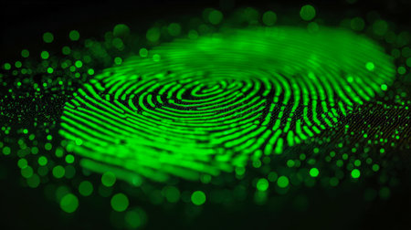A luminous neon green fingerprint set against a backdrop of vibrant, futuristic light patterns, symbolizing advanced security measures and digital identity validationの写真素材