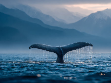 At dawn's first light, a towering whale fin arcs above tranquil seas, framed by mist-shrouded mountains that evoke serenity and awe.の写真素材