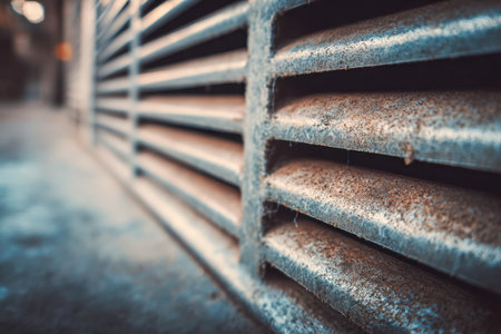 A close-up of aged, corrosion-coated metal grates revealing rough textures and industrial character, with blurred urban elements in the background.の写真素材