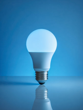 A sleek, energy-saving led bulb emits a gentle blue glow, casting a subtle reflection on a polished surface with a smooth gradient backdrop, evoking calmness and innの写真素材