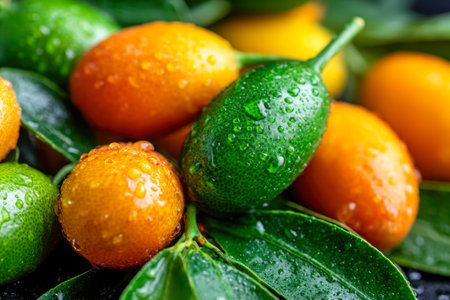 Juicy kumquats nestled among lush green foliage, glistening with fresh dew, evoke a vibrant, healthy mood perfect for wholesome, natural eating.の写真素材