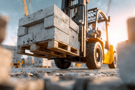 A vibrant yellow lift maneuvering dense concrete slabs onto a wooden platform, set against a glowing sunset backdrop with a calm, azure sky and a gentle blurred horiの写真素材