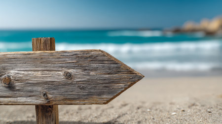 An aged wooden directional marker stands on golden sands, guiding gaze towards crashing surf beneath a crisp blue sky, evoking a sense of adventure and serenity.の写真素材