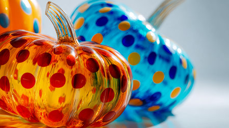 Bright orange and azure glass pumpkins featuring playful polka dots, exemplifying detailed artistry and craftsmanship against a simple, unobtrusive background.の写真素材