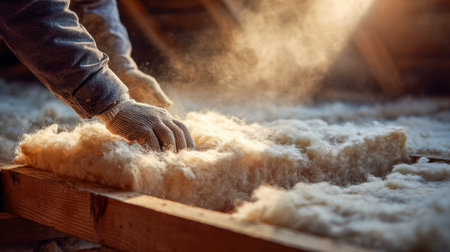 A skilled laborer in protective gloves carefully inserts organic wool panels into timber frame, bathed in soft sunlight, highlighting eco-conscious building pracの写真素材