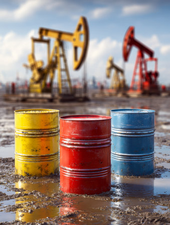 Vibrant metal containers rest on wet soil as towering pumpjacks rhythmically draw crude beneath a overcast sky, capturing industrial resilience amidst nature.の写真素材