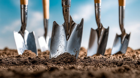 An array of gleaming garden tools with natural wooden grips penetrate lush soil, set against a soft blue sky blur, capturing the essence of growth and cultivation.の写真素材