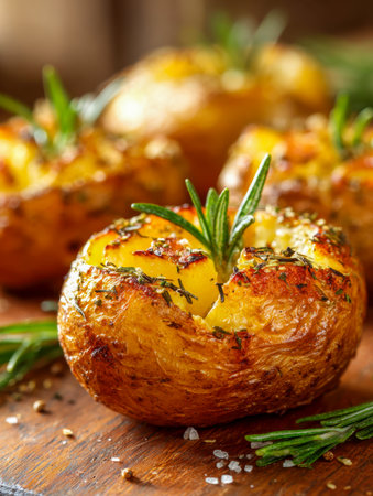 Golden crispy potato discs, infused with fragrant herbs and topped with fresh rosemary, rest on weathered wood, creating a warm, inviting side dish scene.の写真素材
