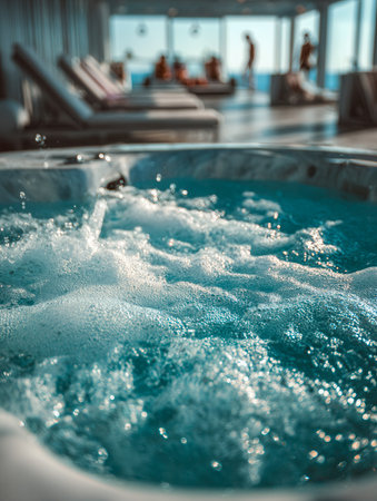 A tranquil indoor spa featuring a steaming, inviting pool surrounded by sleek loungers, illuminated by sunlight pouring through expansive glass walls.の写真素材