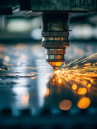 A high-precision laser tool emits vivid sparks as it carves through metal sheets, set against a...