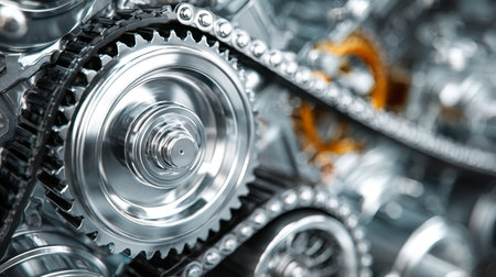 A detailed arrangement of gleaming metal components interconnected by chains, showing meticulous engineering and reflective surfaces within a factory environment.の写真素材