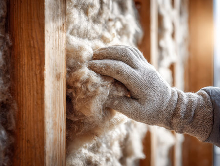 A worker's hand, protected by a glove, carefully presses warm, organic wool between timber frame, highlighting sustainable building practices and eco-conscious cの写真素材