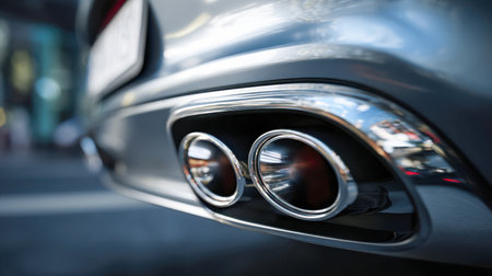 Reflective chrome dual exhausts adorn a sleek luxury car, capturing cityscape details on its polished surface in an intricate, high-detail close-up.の写真素材