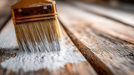 A hand applying white paint to aged wood with a natural bristle brush, capturing the transformation process in an outdoor furniture revival with rustic charm.の写真素材