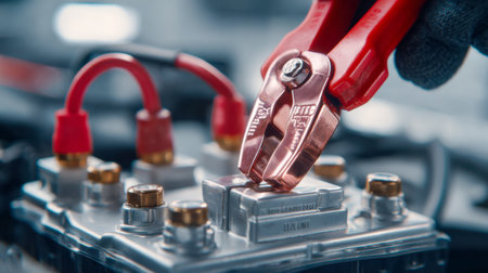 A professional technician, wearing protective gloves, carefully attaches crimson cables to a car battery, ensuring a solid connection to jump-start the vehicle efficの写真素材