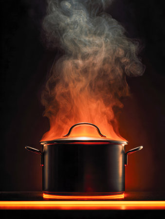 A darkened kitchen scene featuring a matte black vessel emitting a fiery glow, with rising steam indicating a gentle, simmering cooking process under warm amber huesの写真素材