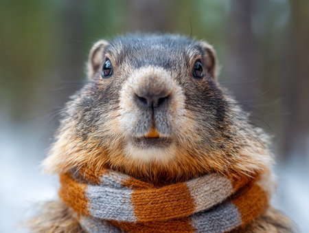 A charming groundhog with fluffy fur accents the snowy woodland scene, its wide-eyed gaze and snug scarf adding warmth and whimsy to the winter landscape.の写真素材