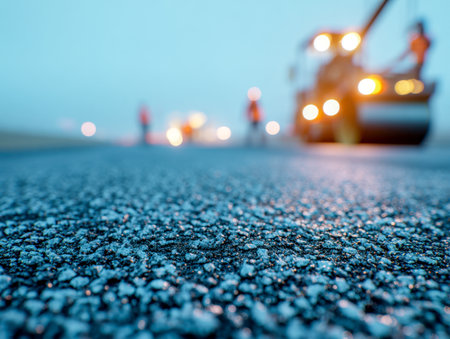 A newly laid asphalt surface glows softly under twilight or sunrise, with indistinct figures and equipment engaged in construction activity, capturing a moment of prの写真素材